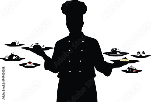 Professional chef holding delicious gourmet dishes silhouette, restaurant food concept, fine dining, culinary art, kitchen service, elegant cuisine illustration