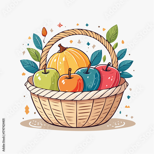 Autumn harvest basket with apples and pumpkin