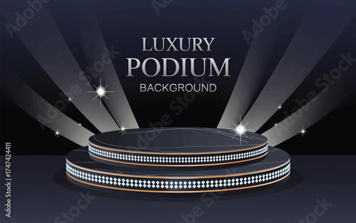 Dark podium with diamond accents and spotlight background