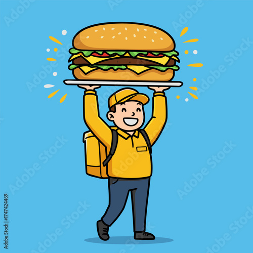 Smiling delivery person in yellow uniform lifts tray with giant hamburger, walking cheerfully on light blue background.