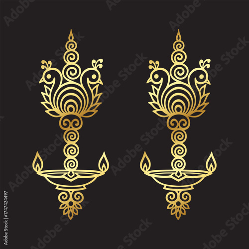 Golden Traditional Diya Lamp Design with Peacock Pattern Indian Festival Decoration