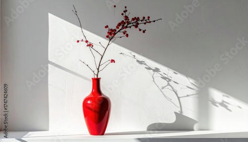 A vibrant red vase holds a delicate branch with small red berries, positioned against a bright white wall casting dynamic shadows, creating a striking contrast of colors and textures under natural...