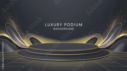 Dark podium background with gold accents and sparkling particles