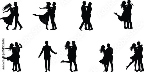 Romantic couple silhouette dancing and kissing poses, love relationship illustration, wedding and engagement vector art for Valentine’s celebration design