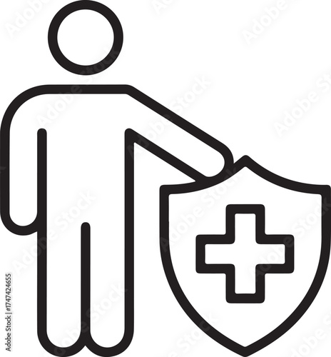 Person protected by health insurance shield with medical cross symbol
