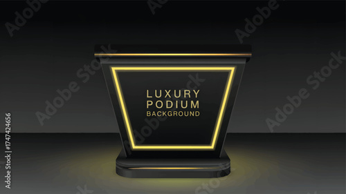 Black podium background with gold trim and illuminated border