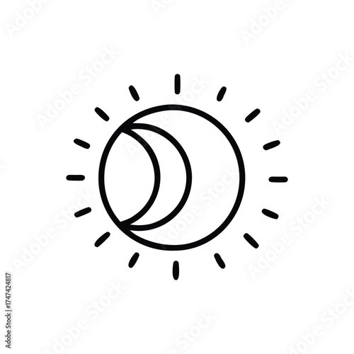 A simple blackline illustration shows the sun with crescent moon inside it Short lines radiate outwards from the suns perimeter