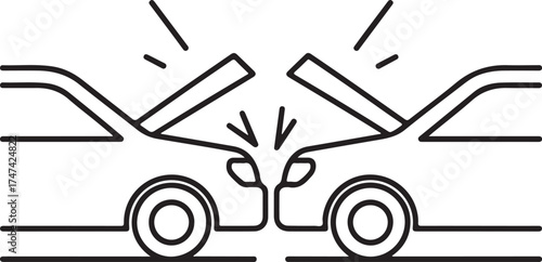 Two cars colliding head on with hoods up in line art style