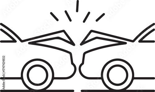 Two cars colliding head on in a simple line art illustration
