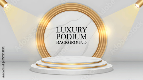 White and Gold Circular Podium with Spotlight Background