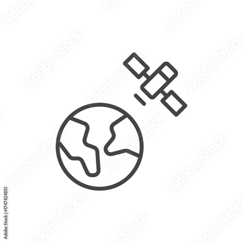 A simplified line drawing features a planet with landmass outlines and a satellite in orbit