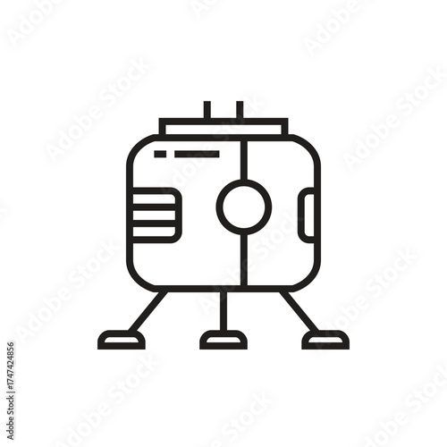 A stylized black and white illustration of a lunar lander with three landing legs antenna and a horizontal panel