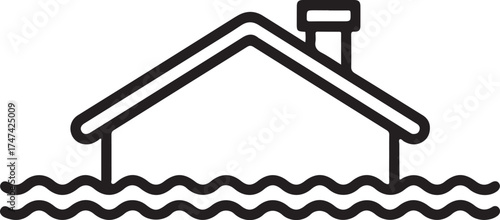 Simple outline illustration of a house submerged in wavy water