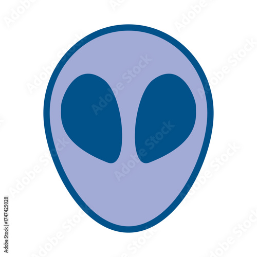 A symmetrical oval face light purple with two large dark blue oval eyeshapes surrounded by a dark blue outline against a white backdrop