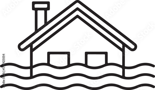 Simple line art icon of a house submerged in floodwaters