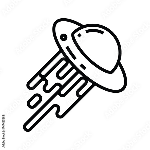An outline illustration depicts a flying saucer with exhaust trails