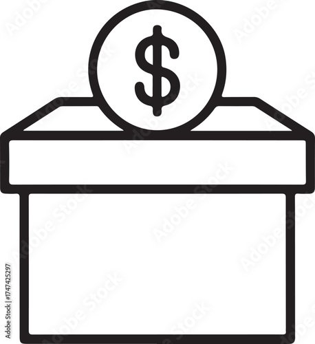 Simple line art icon of a donation box with a dollar coin
