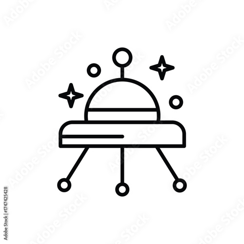 An outlined illustration shows a flying saucer The saucer has a dome antenna and landing gear Two stars and two circles surround it