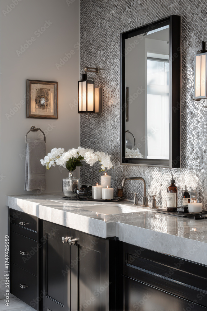 custom made wallpaper toronto digitalElegant bathroom with dark wood cabinets and marble countertop, featuring mosaic tile backsplash, modern lighting, and decorative candles
