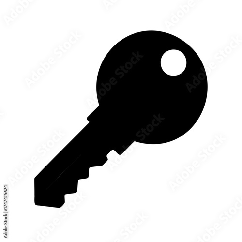 Monochrome image of a simple black key with a distinctive round head