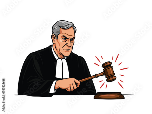 vector illustration of a judge striking a gavel against a white background