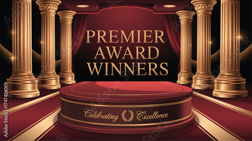 Golden columns and red carpet award ceremony stage background