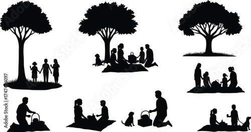 Silhouette family picnic under trees, relaxing outdoor leisure time, parents and children enjoying summer day together with dog in park