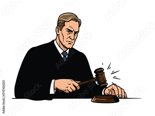 vector illustration of a judge striking a gavel against a white background