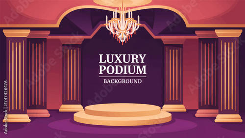 Ornate podium background with chandelier and columns in a grand hall