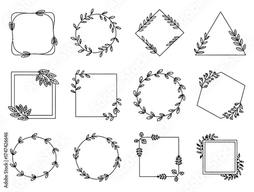 Floral Ornament Frames Vector Set – Geometric Borders with Leaves, Flowers, and Leafy Branches
