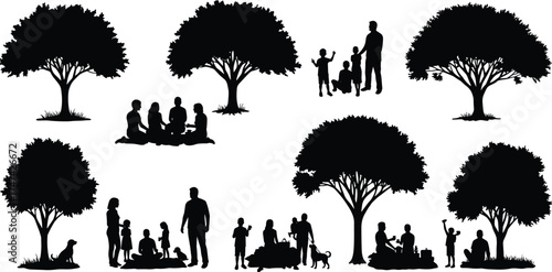 Silhouette family spending time outdoors under trees, relaxing picnic moments in park, parents and children enjoying nature together happily