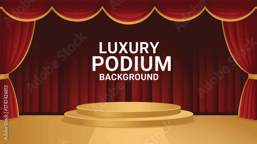 Red velvet stage curtains with golden trim and a tiered podium background