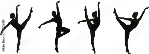 Ballet dancer silhouette, classical dance pose, graceful movement, flexibility, balance, black figures, performance art, vector illustration, white background, artistic lifestyle illustration