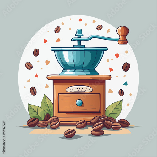 Coffee grinder with beans and leaves