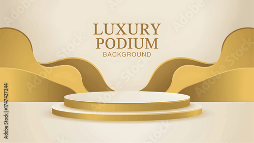 Gold and beige podium with wavy background stage platform
