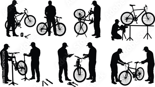 Silhouette of bicycle mechanics repairing bikes with tools and stands, professional cycle maintenance workers fixing bicycles in workshop environment