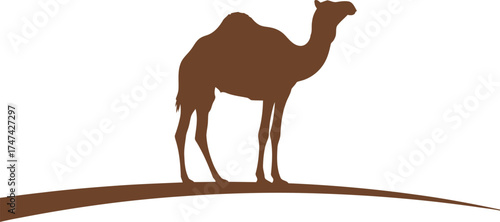 Silhouette of a camel standing on a simple ground line in a minimalist design against a evoking desert travel and middle eastern culture on white background