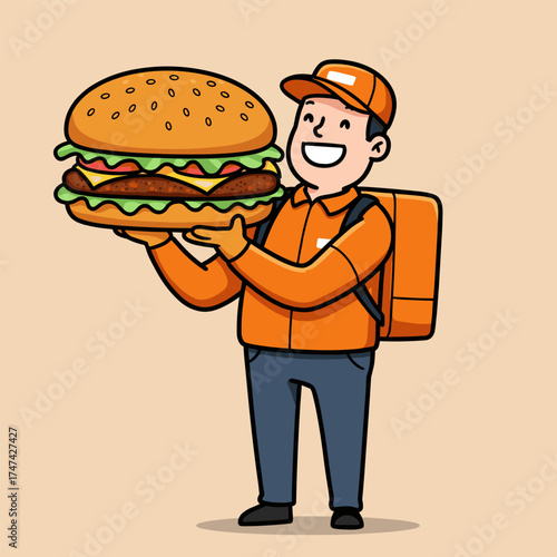 Smiling delivery person in orange uniform holds giant hamburger, wearing cap and backpack on orange background.
