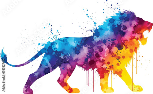 Colorful watercolor lion roaring with vibrant hues in a dynamic artistic style on white background