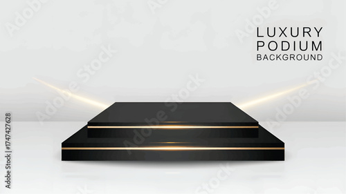 Black and gold tiered podium background with glowing light beams