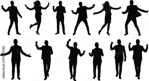 Silhouette of business people celebrating success, team achievement, corporate victory concept, happy office workers jumping with joy and energy