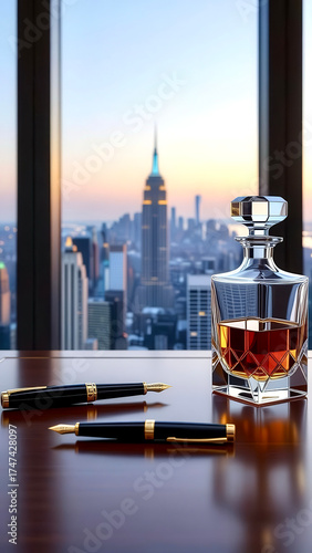 Scenic view of Manhattan skyline with whiskey decanter and pens on a wooden table at sunset