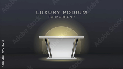 White podium with metallic accents on dark background