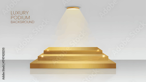 Golden podium background with spotlight and reflections stage