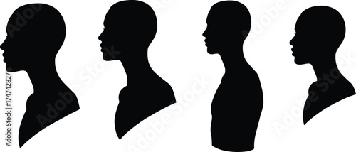 Human head silhouette, dual profile faces, optical illusion, identity concept, communication, psychology, black figures, vector art, white background, abstract illustration