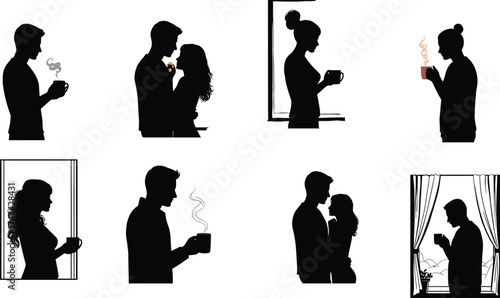 Silhouette of couple drinking coffee, romantic morning scene, people near window, love relationship moment, hot beverage, cozy lifestyle illustration