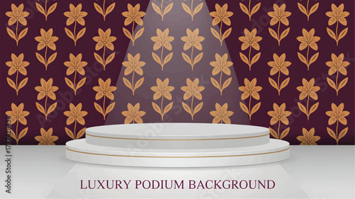 White podium with gold trim on floral patterned background