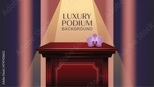 Red podium background with purple orchid and spotlight lectern