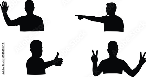 Human silhouettes, hand gestures, waving pose, pointing gesture, thumbs up sign, peace symbol, body language, communication, people outline, black design element