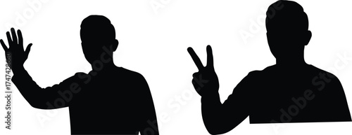Human silhouettes, hand gestures, waving sign, peace symbol, body language, social interaction, communication, people outline, black figure, design element, greeting